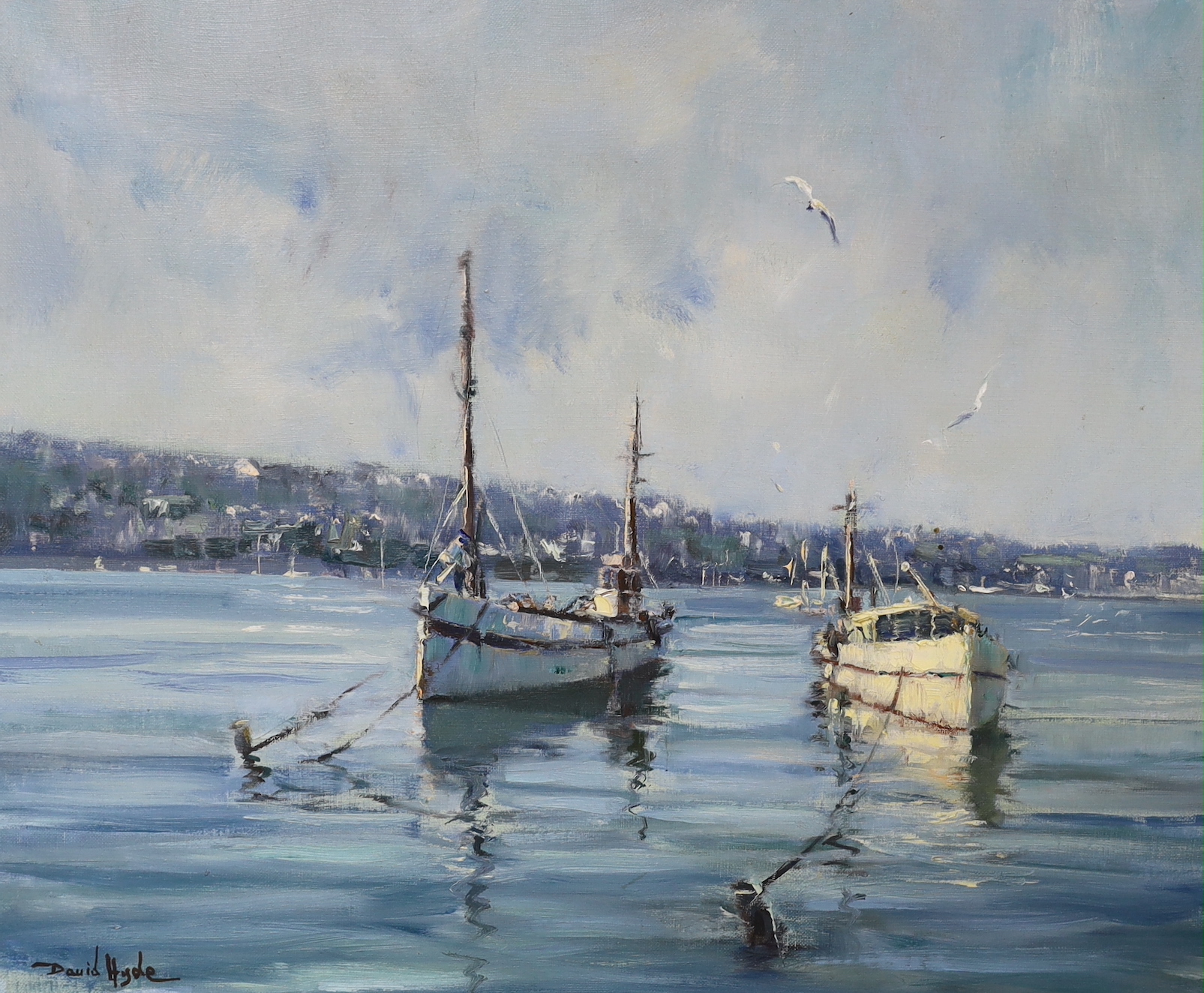 David Hyde (1947-), oil on canvas, Fishing boats in harbour, signed, 40 x 50cm